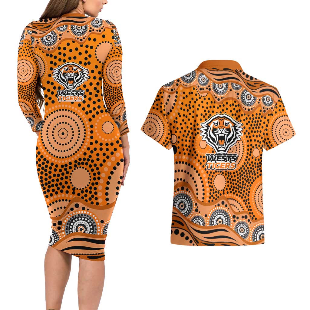 Wests Tigers Couples Matching Long Sleeve Bodycon Dress and Hawaiian Shirt Aboriginal Dot Pattern - Rugby Mascot Heritage Pride