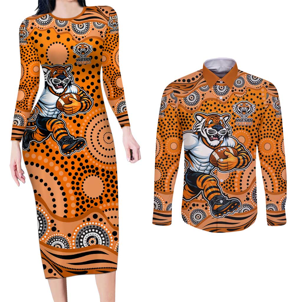 Wests Tigers Couples Matching Long Sleeve Bodycon Dress and Long Sleeve Button Shirt Aboriginal Dot Pattern - Rugby Mascot Heritage Pride