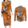 Wests Tigers Couples Matching Long Sleeve Bodycon Dress and Long Sleeve Button Shirt Aboriginal Dot Pattern - Rugby Mascot Heritage Pride