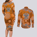 Wests Tigers Couples Matching Long Sleeve Bodycon Dress and Long Sleeve Button Shirt Aboriginal Dot Pattern - Rugby Mascot Heritage Pride