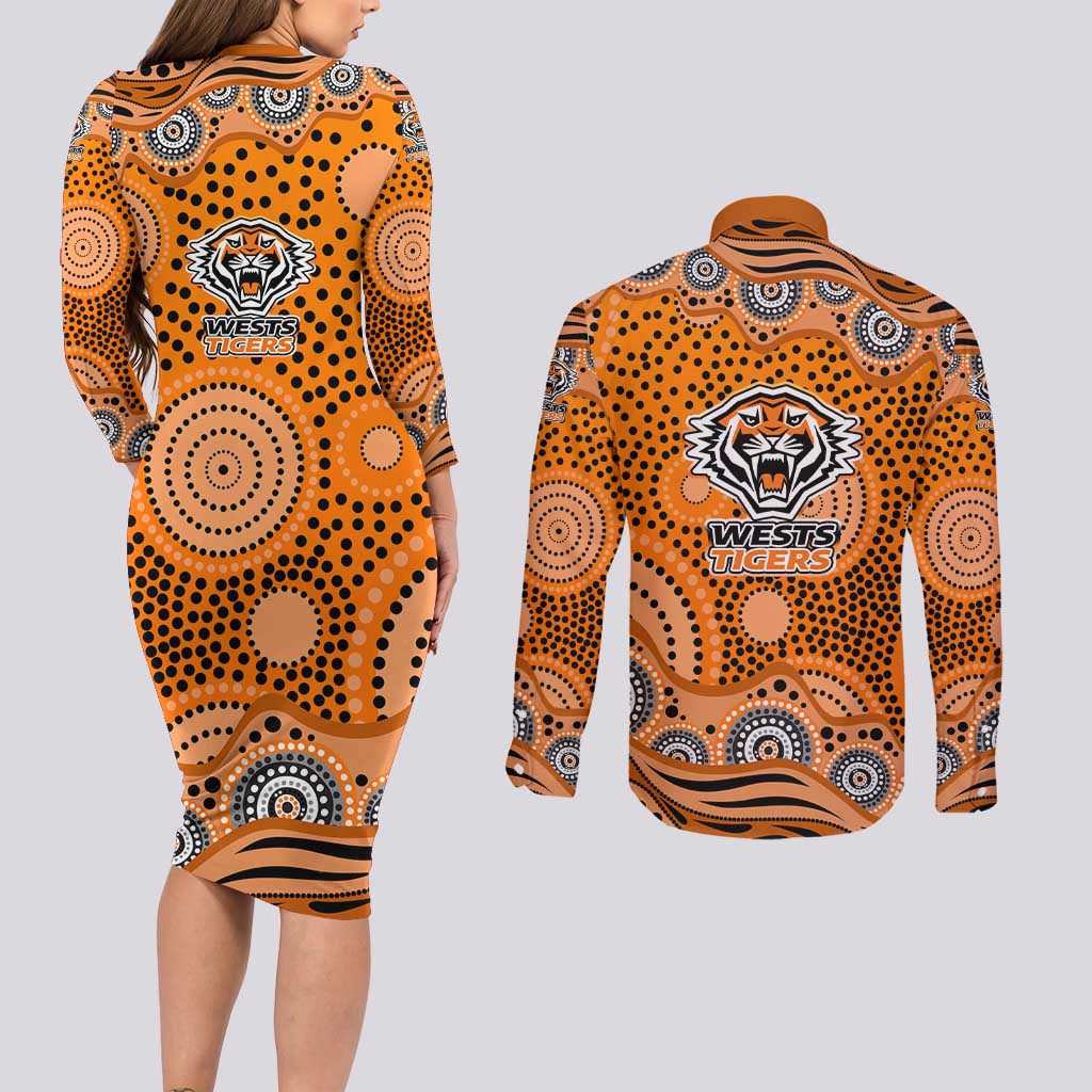 Wests Tigers Couples Matching Long Sleeve Bodycon Dress and Long Sleeve Button Shirt Aboriginal Dot Pattern - Rugby Mascot Heritage Pride
