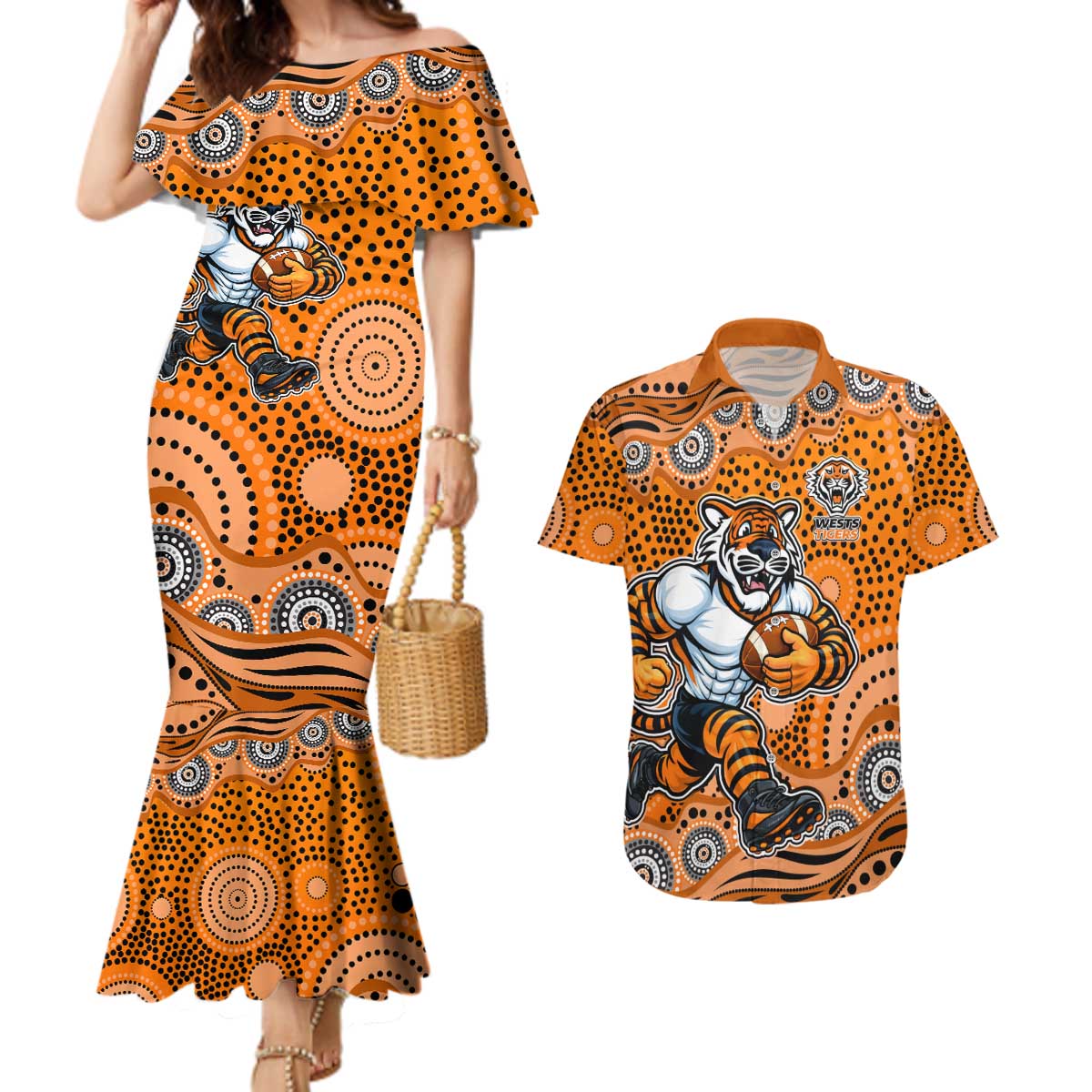 Wests Tigers Couples Matching Mermaid Dress and Hawaiian Shirt Aboriginal Dot Pattern - Rugby Mascot Heritage Pride
