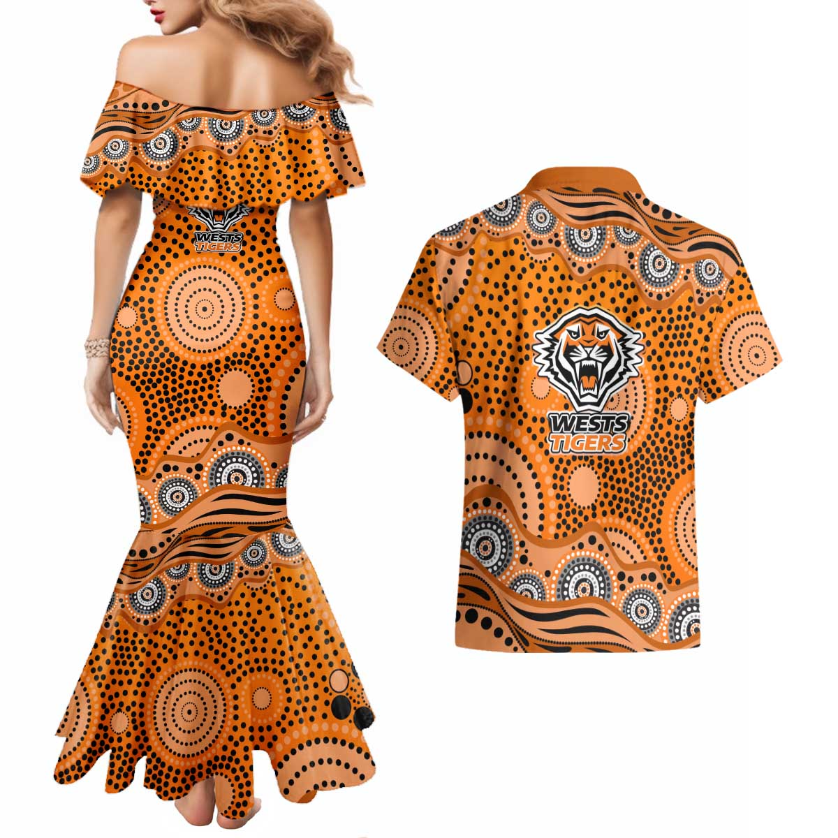Wests Tigers Couples Matching Mermaid Dress and Hawaiian Shirt Aboriginal Dot Pattern - Rugby Mascot Heritage Pride