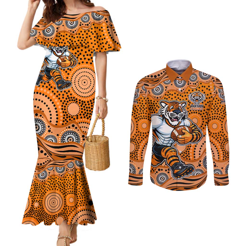 Wests Tigers Couples Matching Mermaid Dress and Long Sleeve Button Shirt Aboriginal Dot Pattern - Rugby Mascot Heritage Pride