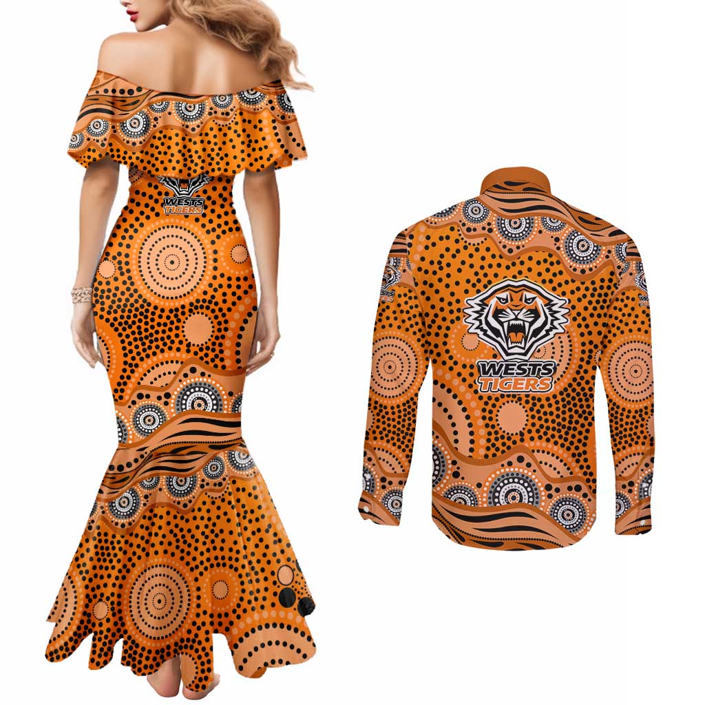Wests Tigers Couples Matching Mermaid Dress and Long Sleeve Button Shirt Aboriginal Dot Pattern - Rugby Mascot Heritage Pride