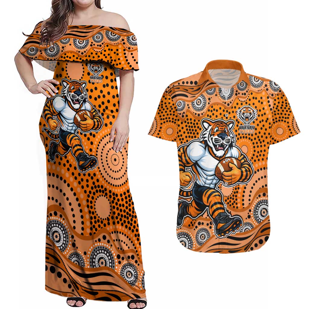 Wests Tigers Couples Matching Off Shoulder Maxi Dress and Hawaiian Shirt Aboriginal Dot Pattern - Rugby Mascot Heritage Pride