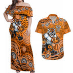 Wests Tigers Couples Matching Off Shoulder Maxi Dress and Hawaiian Shirt Aboriginal Dot Pattern - Rugby Mascot Heritage Pride