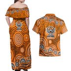 Wests Tigers Couples Matching Off Shoulder Maxi Dress and Hawaiian Shirt Aboriginal Dot Pattern - Rugby Mascot Heritage Pride