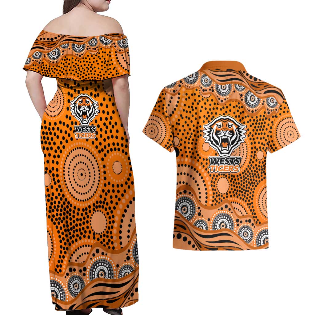 Wests Tigers Couples Matching Off Shoulder Maxi Dress and Hawaiian Shirt Aboriginal Dot Pattern - Rugby Mascot Heritage Pride