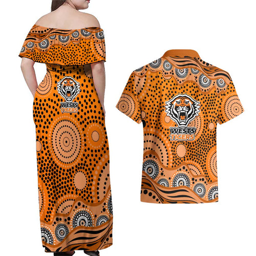 Wests Tigers Couples Matching Off Shoulder Maxi Dress and Hawaiian Shirt Aboriginal Dot Pattern - Rugby Mascot Heritage Pride