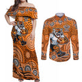 Wests Tigers Couples Matching Off Shoulder Maxi Dress and Long Sleeve Button Shirt Aboriginal Dot Pattern - Rugby Mascot Heritage Pride