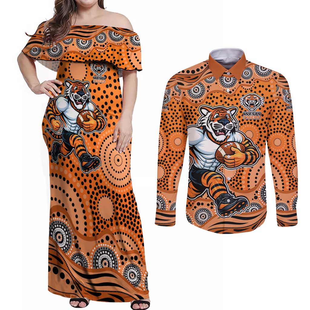 Wests Tigers Couples Matching Off Shoulder Maxi Dress and Long Sleeve Button Shirt Aboriginal Dot Pattern - Rugby Mascot Heritage Pride