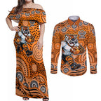 Wests Tigers Couples Matching Off Shoulder Maxi Dress and Long Sleeve Button Shirt Aboriginal Dot Pattern - Rugby Mascot Heritage Pride