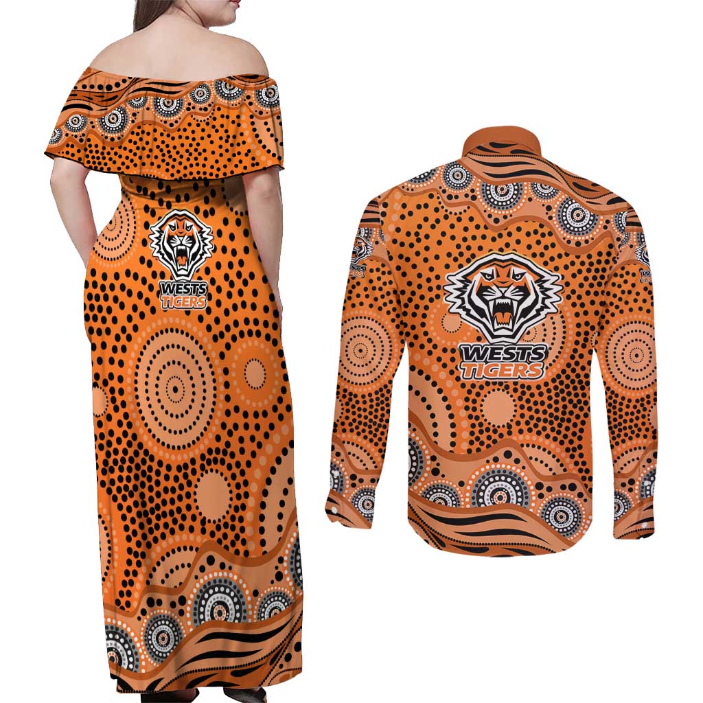 Wests Tigers Couples Matching Off Shoulder Maxi Dress and Long Sleeve Button Shirt Aboriginal Dot Pattern - Rugby Mascot Heritage Pride
