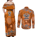 Wests Tigers Couples Matching Off Shoulder Maxi Dress and Long Sleeve Button Shirt Aboriginal Dot Pattern - Rugby Mascot Heritage Pride
