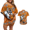 Wests Tigers Couples Matching Off Shoulder Short Dress and Hawaiian Shirt Aboriginal Dot Pattern - Rugby Mascot Heritage Pride