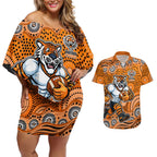 Wests Tigers Couples Matching Off Shoulder Short Dress and Hawaiian Shirt Aboriginal Dot Pattern - Rugby Mascot Heritage Pride