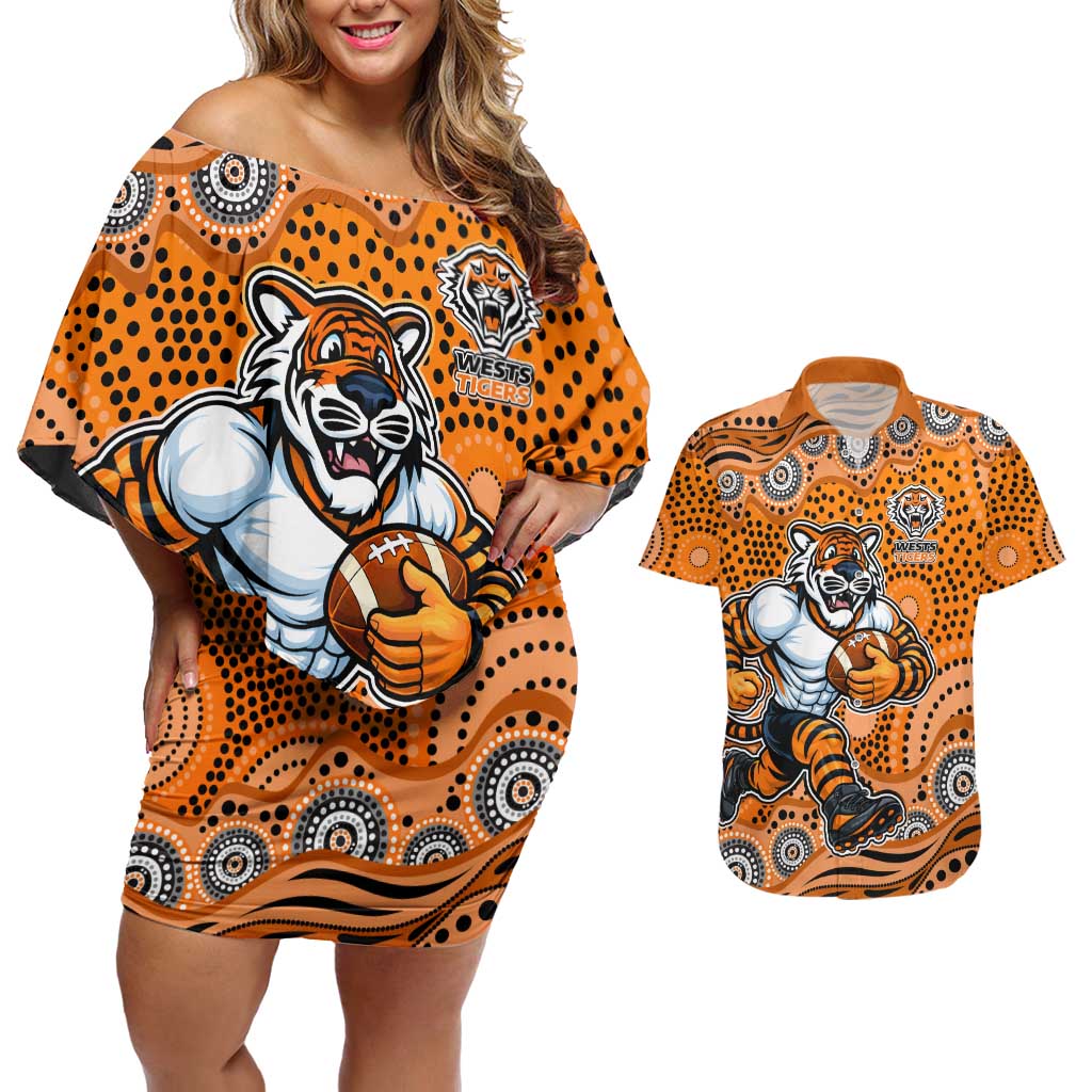 Wests Tigers Couples Matching Off Shoulder Short Dress and Hawaiian Shirt Aboriginal Dot Pattern - Rugby Mascot Heritage Pride