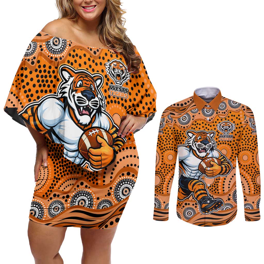 Wests Tigers Couples Matching Off Shoulder Short Dress and Long Sleeve Button Shirt Aboriginal Dot Pattern - Rugby Mascot Heritage Pride