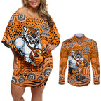 Wests Tigers Couples Matching Off Shoulder Short Dress and Long Sleeve Button Shirt Aboriginal Dot Pattern - Rugby Mascot Heritage Pride