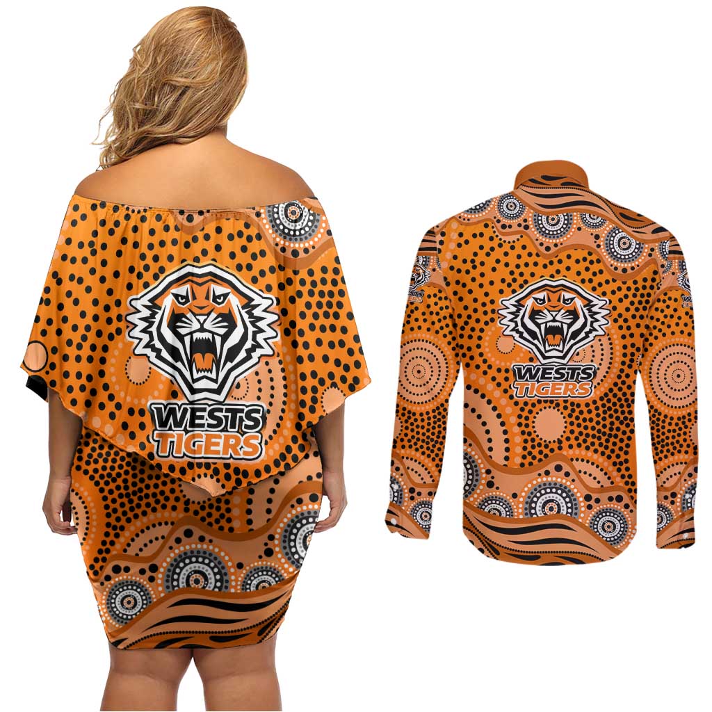 Wests Tigers Couples Matching Off Shoulder Short Dress and Long Sleeve Button Shirt Aboriginal Dot Pattern - Rugby Mascot Heritage Pride