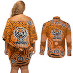 Wests Tigers Couples Matching Off Shoulder Short Dress and Long Sleeve Button Shirt Aboriginal Dot Pattern - Rugby Mascot Heritage Pride