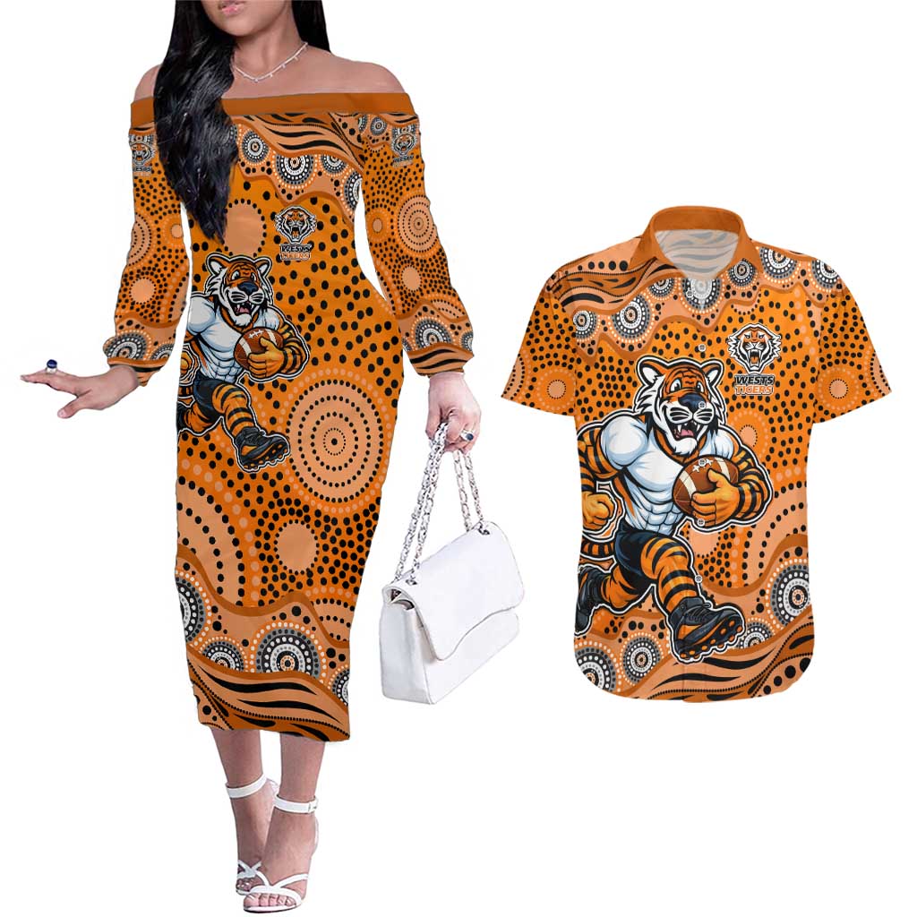 Wests Tigers Couples Matching Off The Shoulder Long Sleeve Dress and Hawaiian Shirt Aboriginal Dot Pattern - Rugby Mascot Heritage Pride