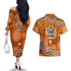 Wests Tigers Couples Matching Off The Shoulder Long Sleeve Dress and Hawaiian Shirt Aboriginal Dot Pattern - Rugby Mascot Heritage Pride