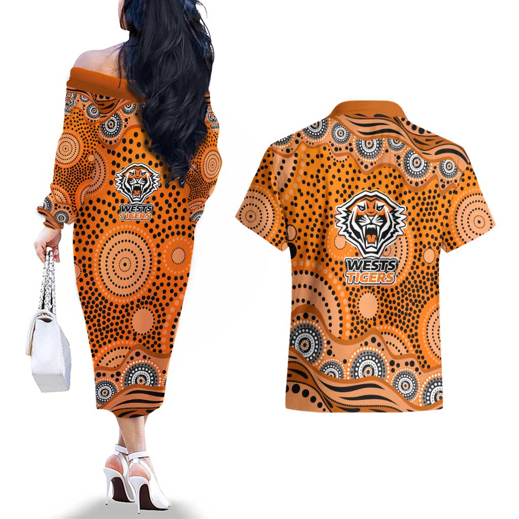 Wests Tigers Couples Matching Off The Shoulder Long Sleeve Dress and Hawaiian Shirt Aboriginal Dot Pattern - Rugby Mascot Heritage Pride