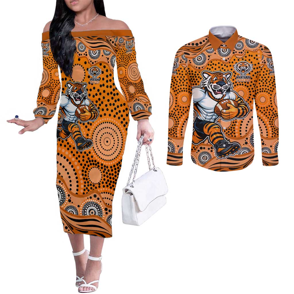 Wests Tigers Couples Matching Off The Shoulder Long Sleeve Dress and Long Sleeve Button Shirt Aboriginal Dot Pattern - Rugby Mascot Heritage Pride