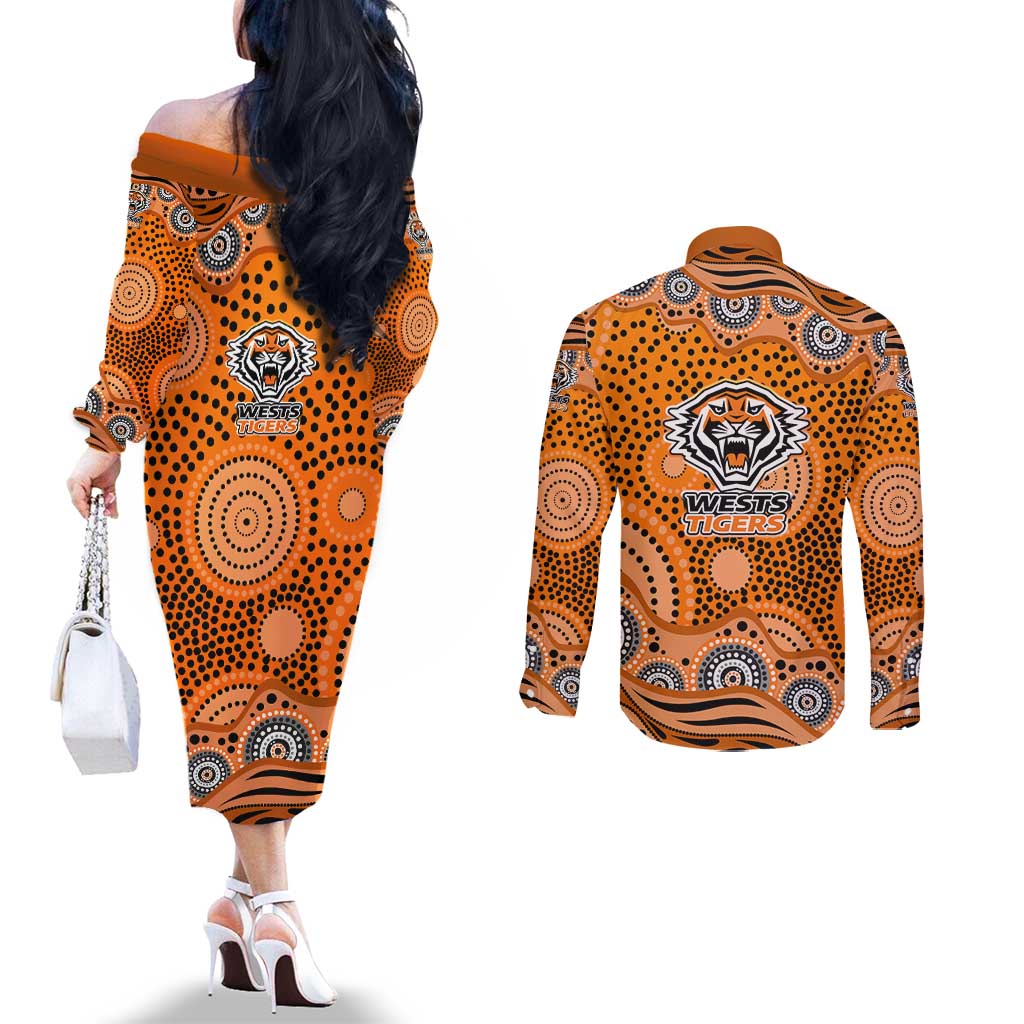 Wests Tigers Couples Matching Off The Shoulder Long Sleeve Dress and Long Sleeve Button Shirt Aboriginal Dot Pattern - Rugby Mascot Heritage Pride