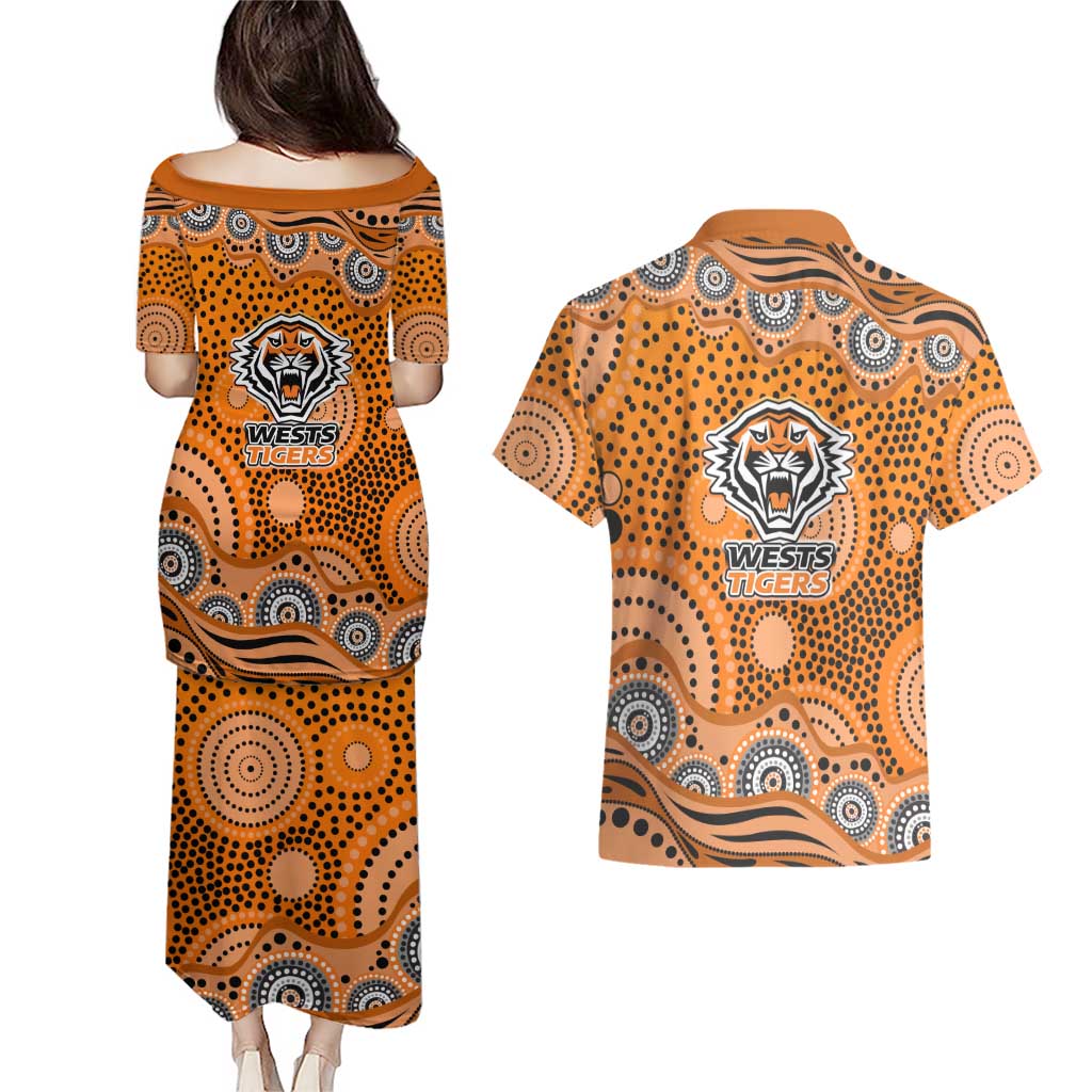 Wests Tigers Couples Matching Puletasi and Hawaiian Shirt Aboriginal Dot Pattern - Rugby Mascot Heritage Pride
