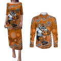 Wests Tigers Couples Matching Puletasi and Long Sleeve Button Shirt Aboriginal Dot Pattern - Rugby Mascot Heritage Pride