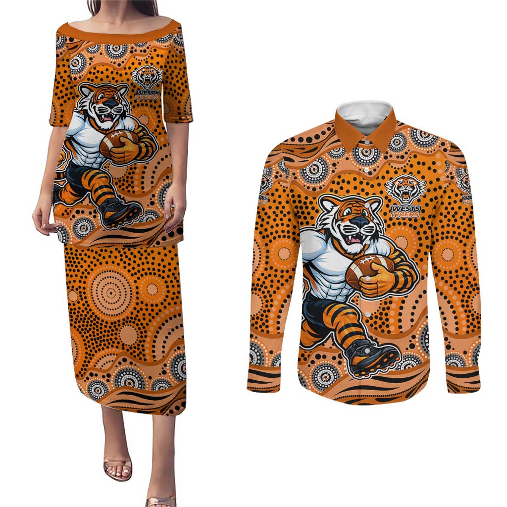 Wests Tigers Couples Matching Puletasi and Long Sleeve Button Shirt Aboriginal Dot Pattern - Rugby Mascot Heritage Pride