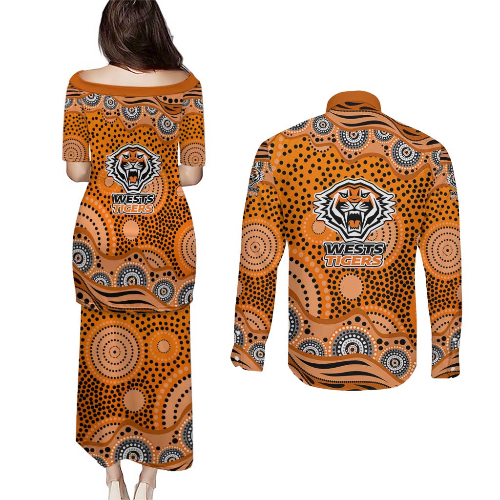 Wests Tigers Couples Matching Puletasi and Long Sleeve Button Shirt Aboriginal Dot Pattern - Rugby Mascot Heritage Pride