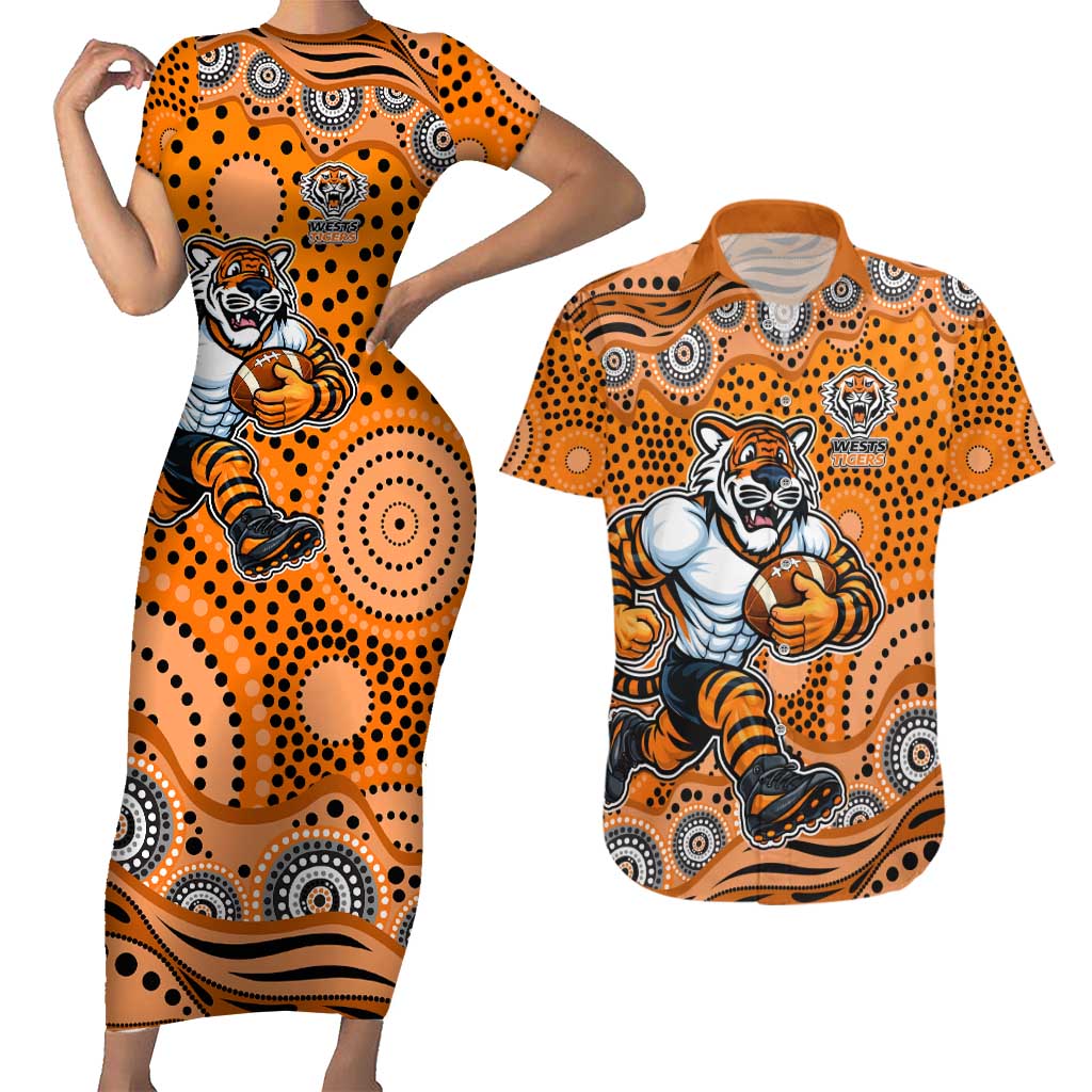 Wests Tigers Couples Matching Short Sleeve Bodycon Dress and Hawaiian Shirt Aboriginal Dot Pattern - Rugby Mascot Heritage Pride