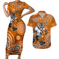 Wests Tigers Couples Matching Short Sleeve Bodycon Dress and Hawaiian Shirt Aboriginal Dot Pattern - Rugby Mascot Heritage Pride