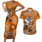 Wests Tigers Couples Matching Short Sleeve Bodycon Dress and Hawaiian Shirt Aboriginal Dot Pattern - Rugby Mascot Heritage Pride