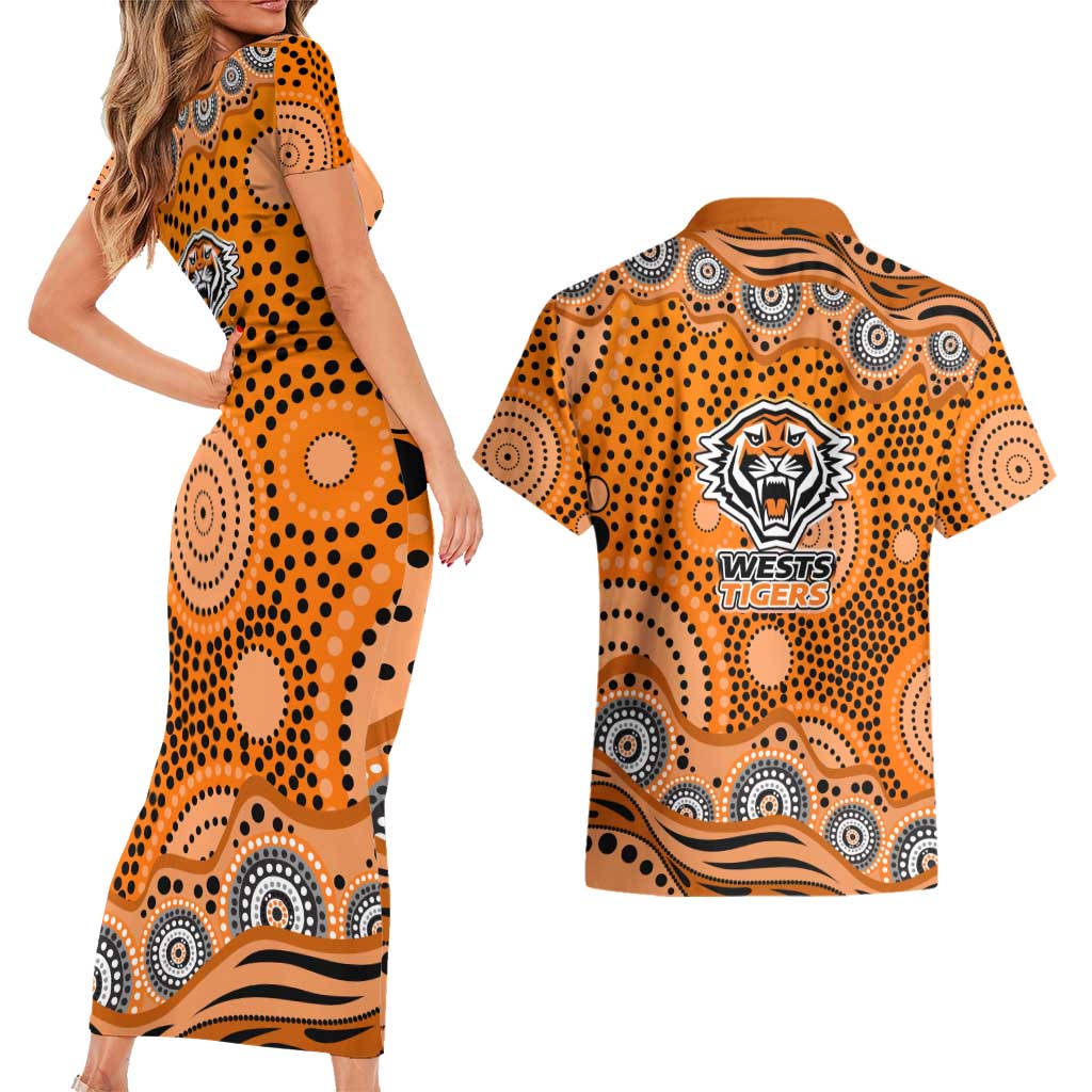 Wests Tigers Couples Matching Short Sleeve Bodycon Dress and Hawaiian Shirt Aboriginal Dot Pattern - Rugby Mascot Heritage Pride