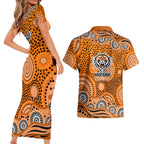 Wests Tigers Couples Matching Short Sleeve Bodycon Dress and Hawaiian Shirt Aboriginal Dot Pattern - Rugby Mascot Heritage Pride