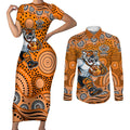 Wests Tigers Couples Matching Short Sleeve Bodycon Dress and Long Sleeve Button Shirt Aboriginal Dot Pattern - Rugby Mascot Heritage Pride