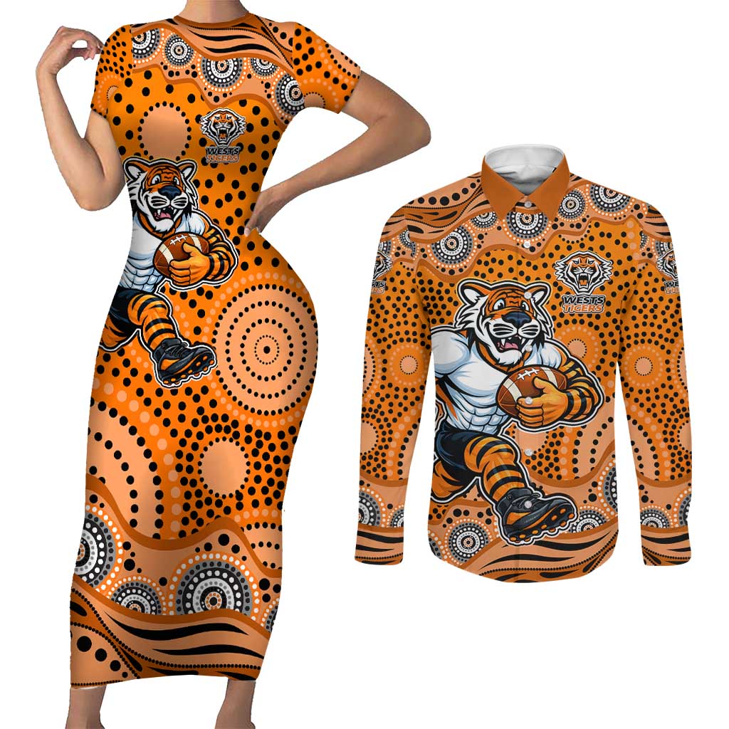 Wests Tigers Couples Matching Short Sleeve Bodycon Dress and Long Sleeve Button Shirt Aboriginal Dot Pattern - Rugby Mascot Heritage Pride