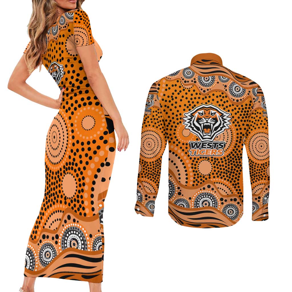 Wests Tigers Couples Matching Short Sleeve Bodycon Dress and Long Sleeve Button Shirt Aboriginal Dot Pattern - Rugby Mascot Heritage Pride