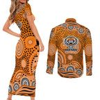 Wests Tigers Couples Matching Short Sleeve Bodycon Dress and Long Sleeve Button Shirt Aboriginal Dot Pattern - Rugby Mascot Heritage Pride