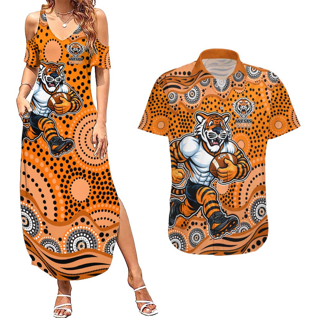 Wests Tigers Couples Matching Summer Maxi Dress and Hawaiian Shirt Aboriginal Dot Pattern - Rugby Mascot Heritage Pride