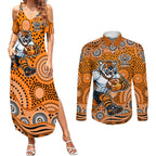 Wests Tigers Couples Matching Summer Maxi Dress and Long Sleeve Button Shirt Aboriginal Dot Pattern - Rugby Mascot Heritage Pride