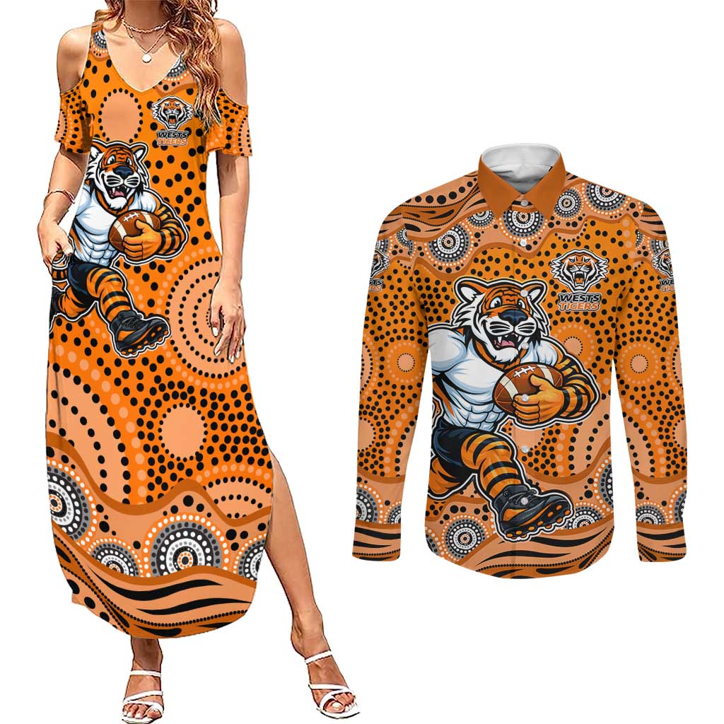 Wests Tigers Couples Matching Summer Maxi Dress and Long Sleeve Button Shirt Aboriginal Dot Pattern - Rugby Mascot Heritage Pride