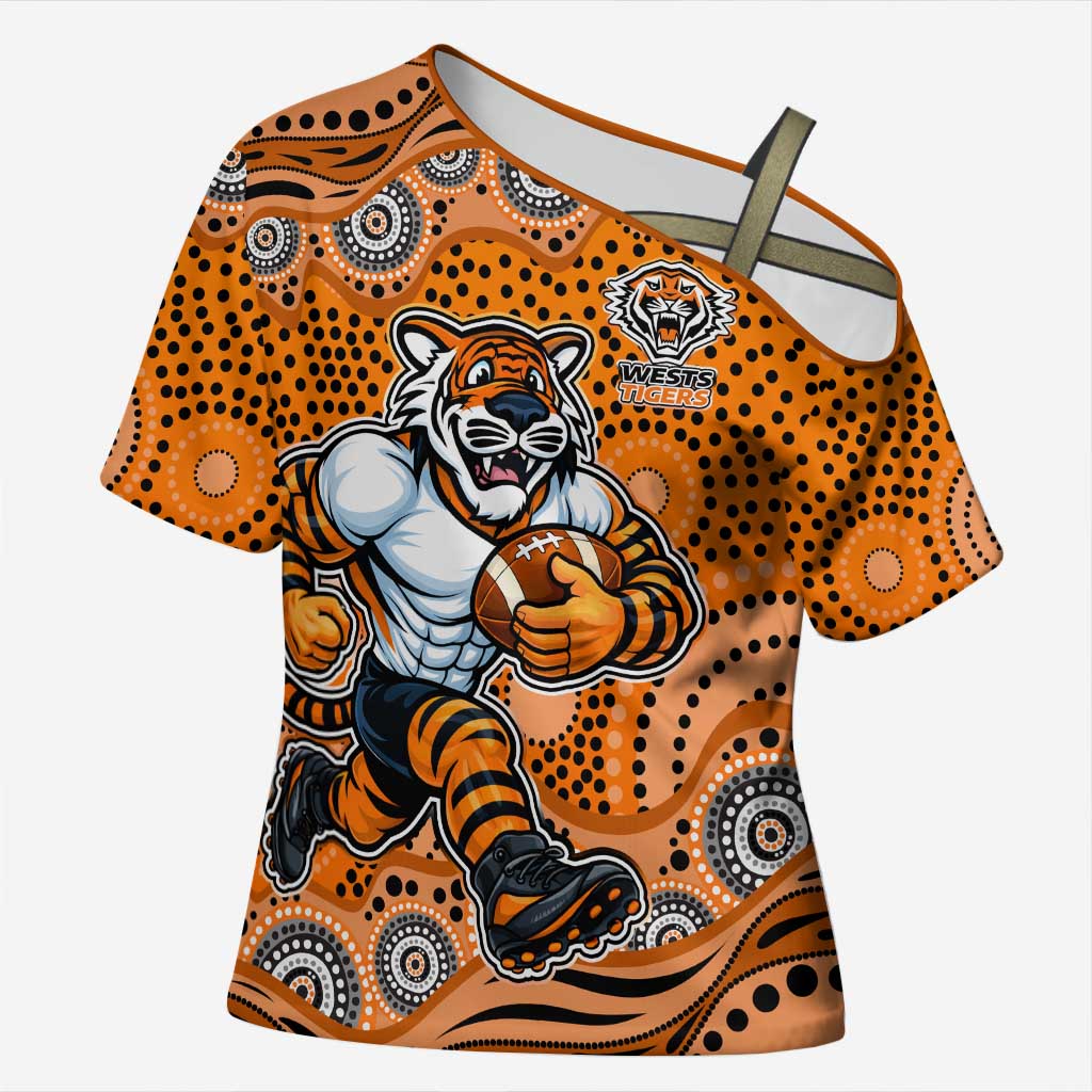 Wests Tigers Cross Shoulder Shirt Aboriginal Dot Pattern - Rugby Mascot Heritage Pride