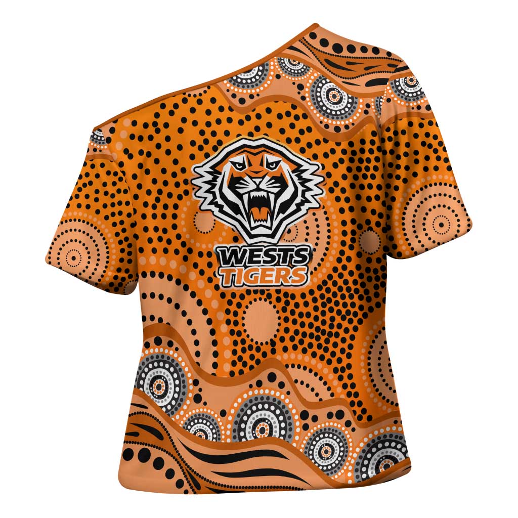 Wests Tigers Cross Shoulder Shirt Aboriginal Dot Pattern - Rugby Mascot Heritage Pride
