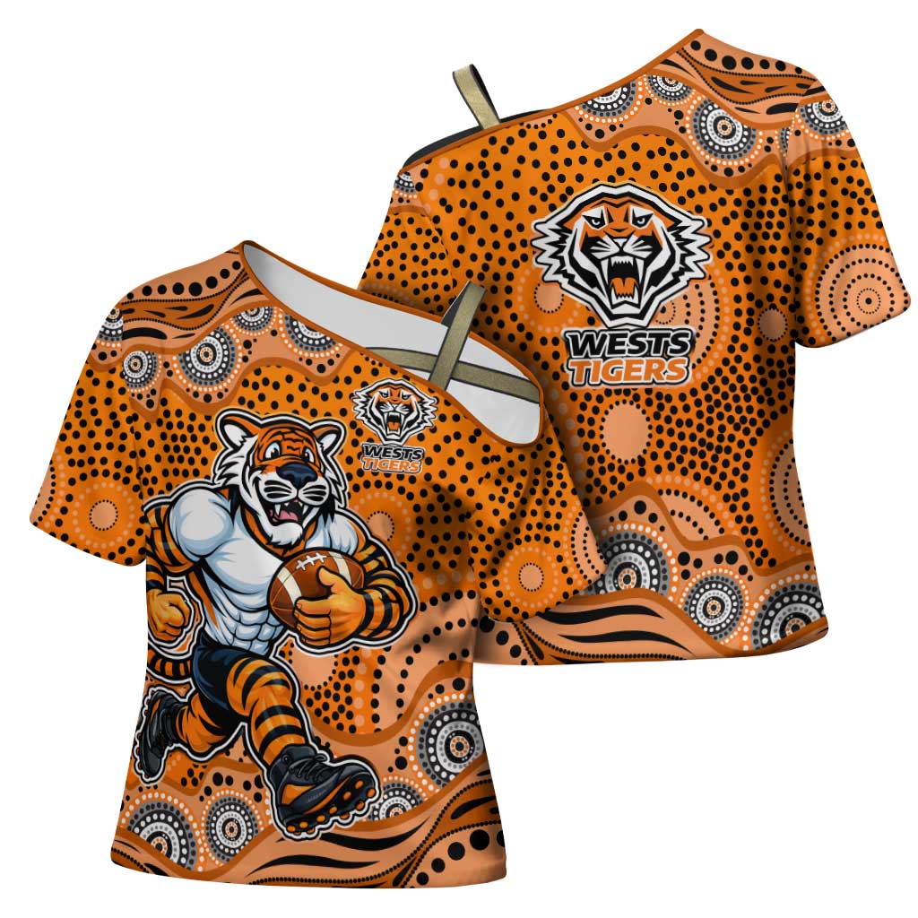 Wests Tigers Cross Shoulder Shirt Aboriginal Dot Pattern - Rugby Mascot Heritage Pride